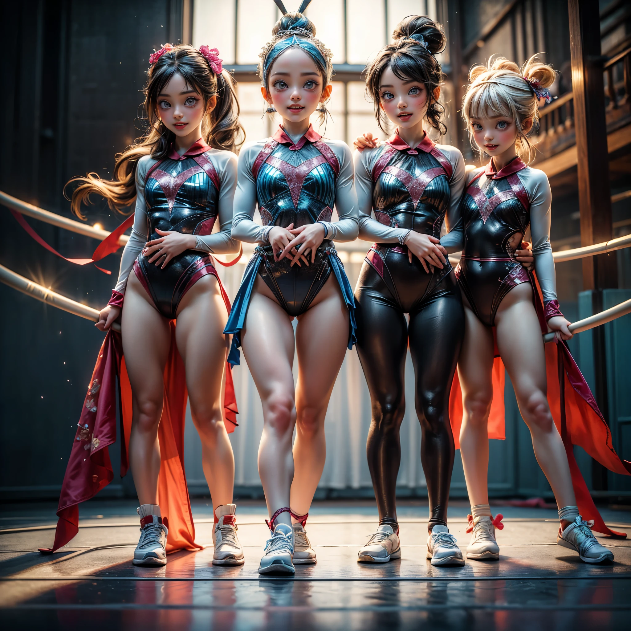 ExtremelyDetailed (((Rhythmic Gymnastics Team Kawaii Kids in a row:1.4))), Childish perfect face, Reflective Eyes, Detailed(Delicate Clothing textures), Corrected Leg to Foot Line, Corrected Perfect Hand, Dynamic Joyful Expressions LifeLike Rendering, ((Specular Reflection:1.28)), TopQuality 8K Ultra-detailed masterpiece (ProfessionalPhoto:1.37)(Acutance:0.8),(Luminism:1.22),