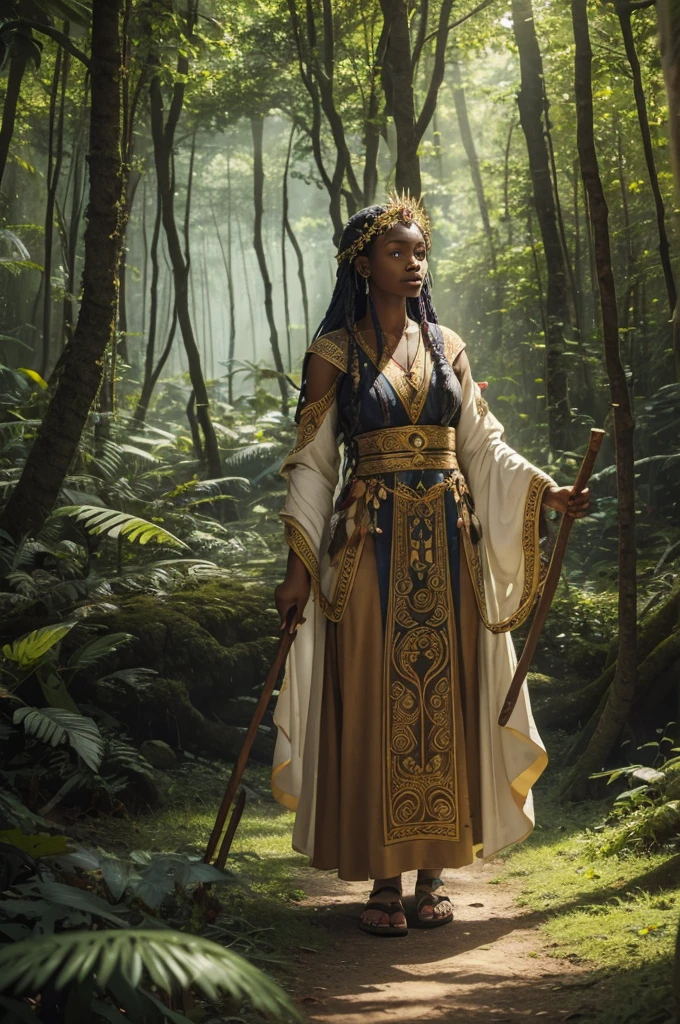 (((Goddess Jurema UHD ))) presents itself with vibrant clothing rich in symbolism: a long, flowing dress made from natural fabrics, adorned with patterns representing the flora and fauna of the forest. The predominant colors are green, bright blue and gold, that reflect your connection to the earth and the sun. their hair, long and loose, are decorated with wild flowers and feathers from local birds. At your feet, sandals made of vines and leaves, that seem almost part of the earth itself.

She carries a ritualistic staff, carved from ancient tree wood, with carvings representing forest spirits and symbols of protection. This stick is not just an accessory, but a powerful magical instrument that she uses in her practices.

His working tools include a small clay cauldron, where he mixes herbs and roots to create potions and remedies. Furthermore, Jurema has a leather bag containing enchanted stones, that uses to invoke and direct spiritual energies.

Magic and Powers:

Earth Prayer: Jurema recites ancient incantations that make the earth reverberate in harmony, restoring natural balance and healing areas affected by imbalances or damage.

Vision of the Past: Using your staff, Jurema can visualize past events to better understand the origin of problems or mysteries, helping to bring hidden secrets to light.

Flame of Purification: She lights a ritualistic fire that purifies and transforms negative energies into positive ones., promoting healing and spiritual renewal.

Communion with the Spirits: Jurema summons protective spirits of the forest for advice and assistance, establishing deep communication with the spiritual world UHD 18K