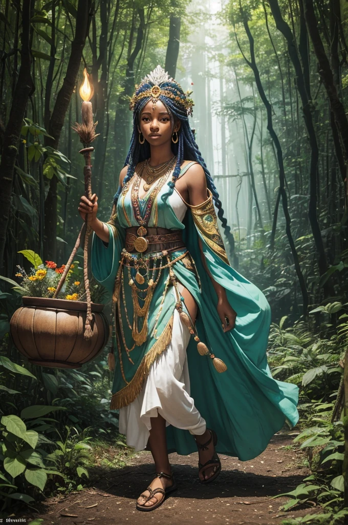 (((Goddess Jurema UHD ))) presents itself with vibrant clothing rich in symbolism: a long, flowing dress made from natural fabrics, adorned with patterns representing the flora and fauna of the forest. The predominant colors are green, bright blue and gold, that reflect your connection to the earth and the sun. their hair, long and loose, are decorated with wild flowers and feathers from local birds. At your feet, sandals made of vines and leaves, that seem almost part of the earth itself.

She carries a ritualistic staff, carved from ancient tree wood, with carvings representing forest spirits and symbols of protection. This stick is not just an accessory, but a powerful magical instrument that she uses in her practices.

His working tools include a small clay cauldron, where he mixes herbs and roots to create potions and remedies. Furthermore, Jurema has a leather bag containing enchanted stones, that uses to invoke and direct spiritual energies.

Magic and Powers:

Earth Prayer: Jurema recites ancient incantations that make the earth reverberate in harmony, restoring natural balance and healing areas affected by imbalances or damage.

Vision of the Past: Using your staff, Jurema can visualize past events to better understand the origin of problems or mysteries, helping to bring hidden secrets to light.

Flame of Purification: She lights a ritualistic fire that purifies and transforms negative energies into positive ones., promoting healing and spiritual renewal.

Communion with the Spirits: Jurema summons protective spirits of the forest for advice and assistance, establishing deep communication with the spiritual world UHD 18K