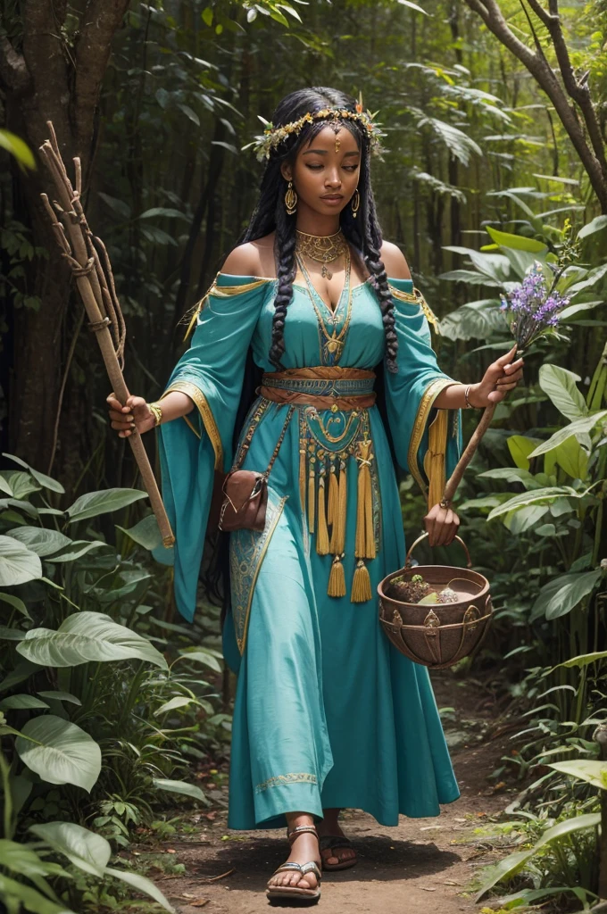 (((Goddess Jurema UHD ))) presents itself with vibrant clothing rich in symbolism: a long, flowing dress made from natural fabrics, adorned with patterns representing the flora and fauna of the forest. The predominant colors are green, bright blue and gold, that reflect your connection to the earth and the sun. their hair, long and loose, are decorated with wild flowers and feathers from local birds. At your feet, sandals made of vines and leaves, that seem almost part of the earth itself.

She carries a ritualistic staff, carved from ancient tree wood, with carvings representing forest spirits and symbols of protection. This stick is not just an accessory, but a powerful magical instrument that she uses in her practices.

His working tools include a small clay cauldron, where he mixes herbs and roots to create potions and remedies. Furthermore, Jurema has a leather bag containing enchanted stones, that uses to invoke and direct spiritual energies.

Magic and Powers:

Earth Prayer: Jurema recites ancient incantations that make the earth reverberate in harmony, restoring natural balance and healing areas affected by imbalances or damage.

Vision of the Past: Using your staff, Jurema can visualize past events to better understand the origin of problems or mysteries, helping to bring hidden secrets to light.

Flame of Purification: She lights a ritualistic fire that purifies and transforms negative energies into positive ones., promoting healing and spiritual renewal.

Communion with the Spirits: Jurema summons protective spirits of the forest for advice and assistance, establishing deep communication with the spiritual world UHD 18K