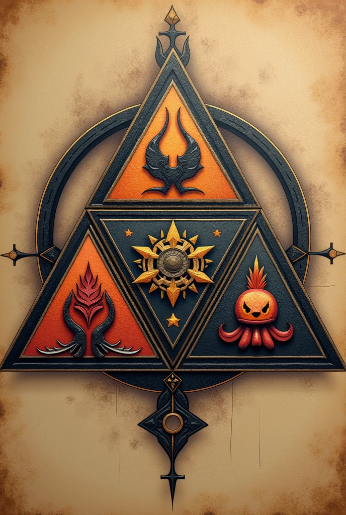 Create a Zelda Triangle Tattoo, the first triangle being the symbol of Agni from The Witcher, the second a goomba from Mario Bros, the third the millennium enigma and the last the symbol of the pokemon magma team