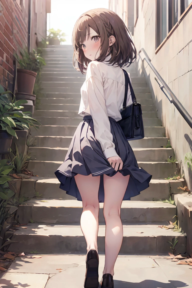 animese anime girl in skirt and blouse, walking up the stairs, 1girl, stairs, skirt, brown hair,long hair,solo, grey skirt, ((((long skirt)))),school uniform, pleated skirt,(((covering ass))), blush, long sleeves, bangs,(( from behind)),full body,White panties,bag,clothes tug, skirt tug, wind, wind lift