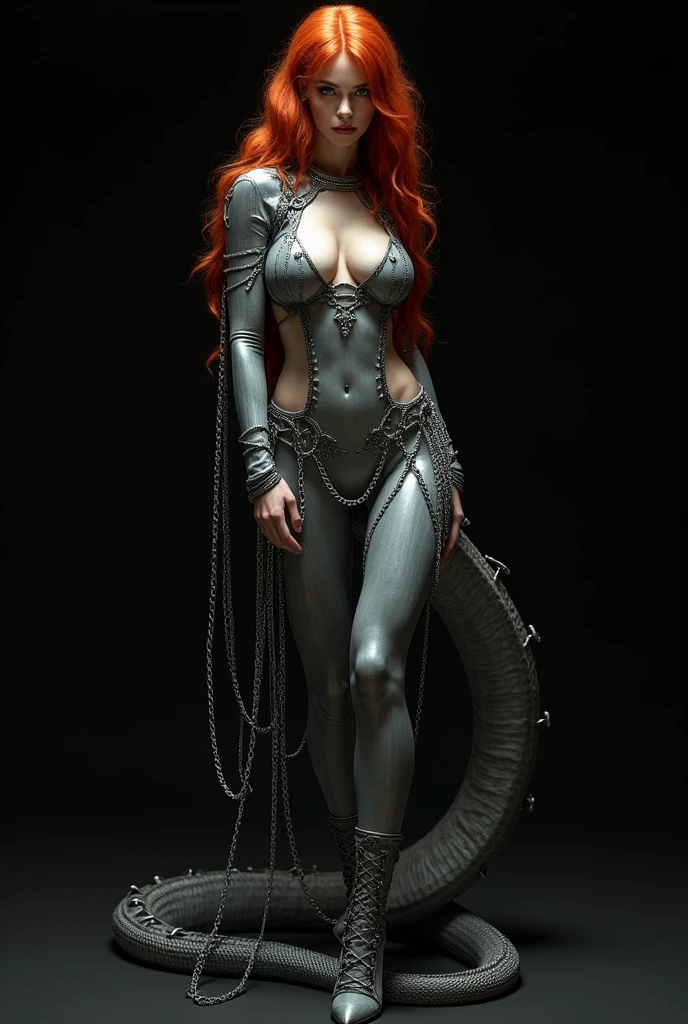 Red-haired snake woman,with chrome gray clothes full of chains tied,black background and full body