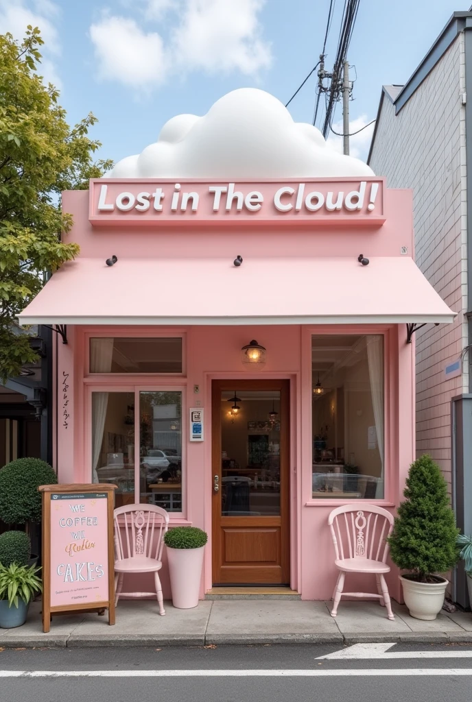 Image of a large cafe with the name Lost in The Cloud! at the top, Located in Tokyo, pastel pink with white and a sign outside saying we offer coffee and cakes