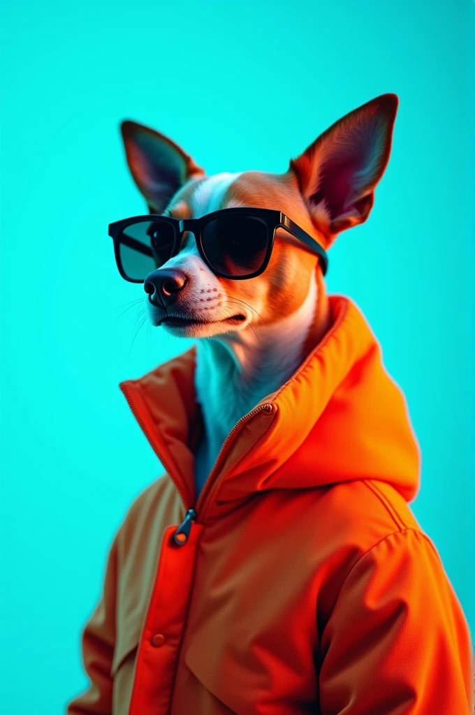 The best cell phone wallpaper, Award-Winning Wallpaper, portrait photography, In the front view is a portrait of a cute dog wearing mid-1960s space age fashion, Side view photo, Shot with Canon EOS R5, Set a strong contrast that accentuates the subject, Fluorescent blue tone, Wearing a very modern coat and sunglasses is a modern 1960s style, Clothes all in one color, beautiful background