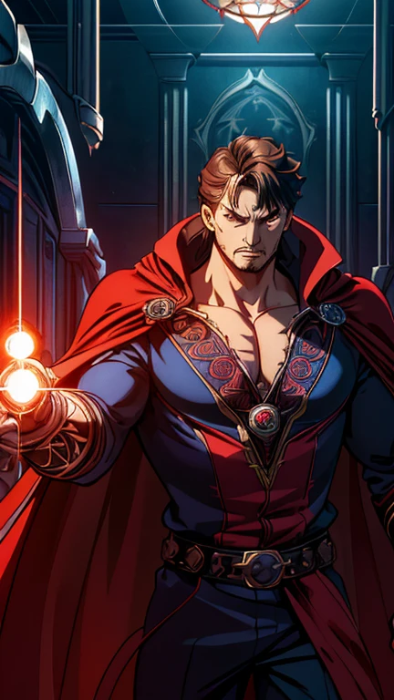 (1boy, Dr.. Strange), (extremely detailed CG unit 8k wallpaper),(master part), (best quality), (ultra detail), (best illustration),(wanostyle), from the front, cowboy shot, symmetrical composition, (Sharp eyeliner, ombre, detail eyes), dark dungeon interiors background, ,break , (vamptech), camisa, red cape