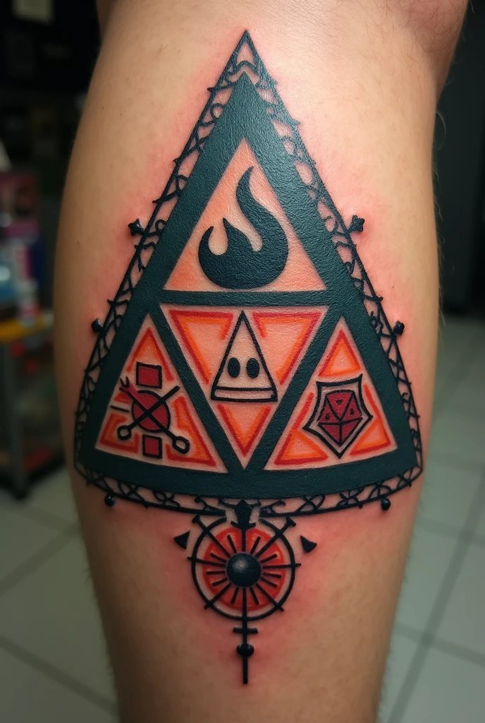 Create a Zelda Triangle Tattoo, the first triangle being the symbol of Agni from The Witcher, the second a goomba from Mario Bros, the third the millennium enigma and the last the symbol of the pokemon magma team 