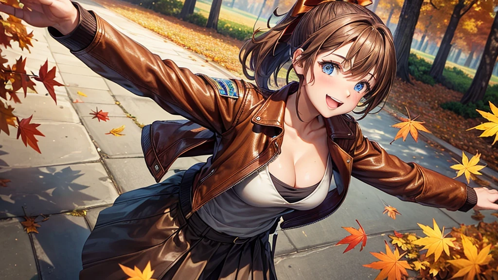 1girl, solo, trees, sun, clouds, autumn, colorful trees, falling leaves, ((brown hair)), ponytail, large breasts, ((brown leather jacket)), blue top, cleavage 1:3, blue eyes, long skirt, brown boots, smile, happy, looking at the viewer, walking, upper view, hair ribbon, golden necklate