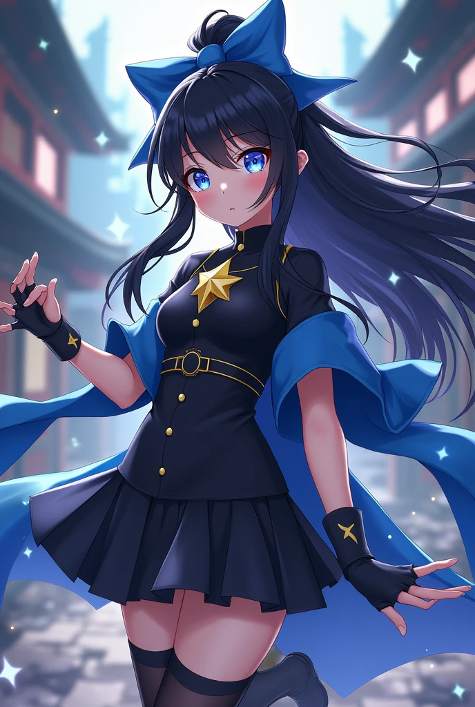 A female character in the style of the anime Demon Slayer who has long black hair loose with a ponytail on top with a blue bow with a yellow star. Her uniform is black and she wears a short-sleeved haori in the same shade of blue as the bow. She wears black gloves that expose her fingers and stylish boots. She also has a star necklace. Her eyes are light blue with stars.