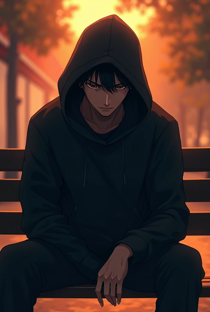 (photorealism:1.2), dark aura college anime man, sitting on school bench, wearing hoodie, warm lighting, relaxed pose, realistic, intricate details by Greg Rutkowski, by Alphonse Mucha