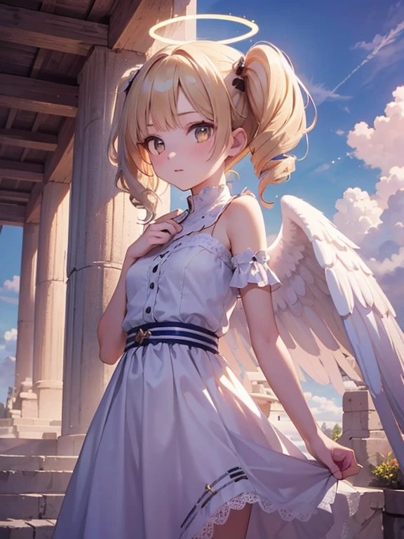 masterpiece, Highest quality, Very detailed, 16K, Ultra-high resolution, Cowboy Shot, 14-year-old girl, Detailed face, Perfect Fingers, Angel halo on head, Golden Eyes, blonde, Twin tails, Mega Drill, Thin and light clothing, Lace clothes, Angel wings growing on the back, Above the Clouds, In front of the temple