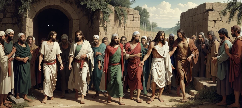 Jesus resurrecting Lazarus and Lazarus leaving the tomb with bandages