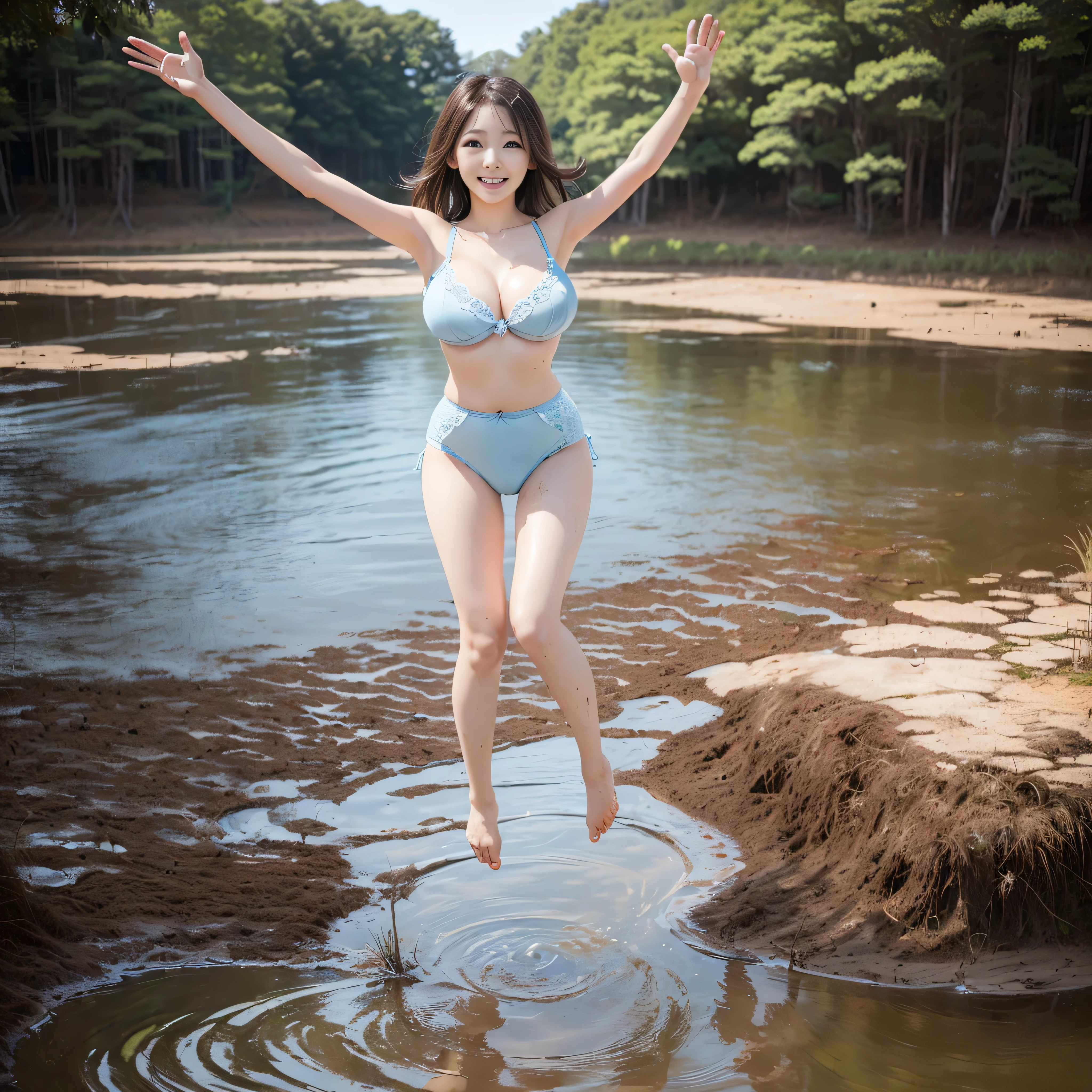 (((barefoot slender Japanese girl on mud pond))), natural front lighting, ultra sharp focus,bright brown hair, large eyes with long eyelashes and double eyelids, smile, (((jumping and waving arms))), ((huge breasts)), (full body shot:2), (beautiful face:2),(((wearing light blue knickers )))