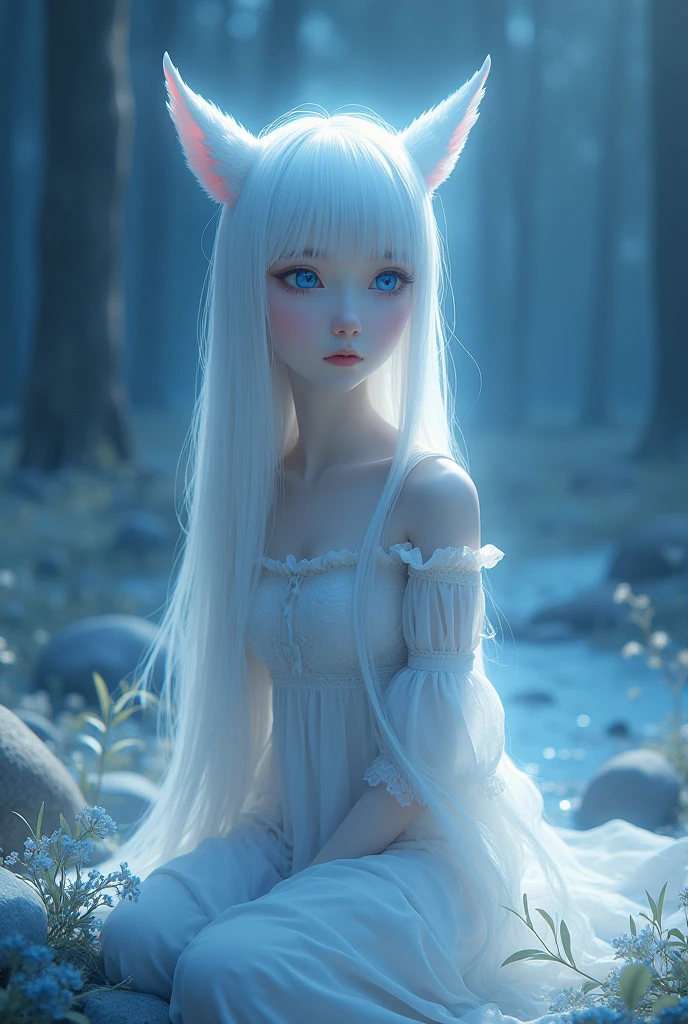 (solo girl, beautiful detailed eyes, long eyelashes, pastel pink long hair, blue eyes, light skin, fox ears, fox tail, dreamy atmosphere, soft and gentle lighting, ethereal background elements, serene expression, delicate features, delicate attire, peaceful and calm mood, artistic illustration, high-res, realistic rendering)