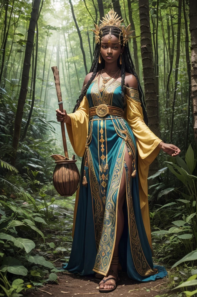 (((Goddess Jurema UHD ))) presents itself with vibrant clothing rich in symbolism: a long, flowing dress made from natural fabrics, adorned with patterns representing the flora and fauna of the forest. The predominant colors are green, bright blue and gold, that reflect your connection to the earth and the sun. their hair, long and loose, are decorated with wild flowers and feathers from local birds. At your feet, sandals made of vines and leaves, that seem almost part of the earth itself.
She carries a ritualistic staff, carved from ancient tree wood, with carvings representing forest spirits and symbols of protection. This stick is not just an accessory, but a powerful magical instrument that she uses in her practices.
His working tools include a small clay cauldron, where he mixes herbs and roots to create potions and remedies. Furthermore, Jurema has a leather bag containing enchanted stones, that uses to invoke and direct spiritual energies.
Magic and Powers:
Earth Prayer: Jurema recites ancient incantations that make the earth reverberate in harmony, restoring natural balance and healing areas affected by imbalances or damage.
Vision of the Past: Using your staff, Jurema can visualize past events to better understand the origin of problems or mysteries, helping to bring hidden secrets to light.
Flame of Purification: She lights a ritualistic fire that purifies and transforms negative energies into positive ones., promoting healing and spiritual renewal.
Communion with the Spirits: Jurema summons protective spirits of the forest for advice and assistance, establishing deep communication with the spiritual world UHD 18K