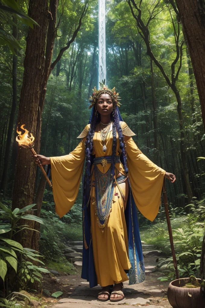 (((Goddess Jurema UHD ))) presents itself with vibrant clothing rich in symbolism: a long, flowing dress made from natural fabrics, adorned with patterns representing the flora and fauna of the forest. The predominant colors are green, bright blue and gold, that reflect your connection to the earth and the sun. their hair, long and loose, are decorated with wild flowers and feathers from local birds. At your feet, sandals made of vines and leaves, that seem almost part of the earth itself.
She carries a ritualistic staff, carved from ancient tree wood, with carvings representing forest spirits and symbols of protection. This stick is not just an accessory, but a powerful magical instrument that she uses in her practices.
His working tools include a small clay cauldron, where he mixes herbs and roots to create potions and remedies. Furthermore, Jurema has a leather bag containing enchanted stones, that uses to invoke and direct spiritual energies.
Magic and Powers:
Earth Prayer: Jurema recites ancient incantations that make the earth reverberate in harmony, restoring natural balance and healing areas affected by imbalances or damage.
Vision of the Past: Using your staff, Jurema can visualize past events to better understand the origin of problems or mysteries, helping to bring hidden secrets to light.
Flame of Purification: She lights a ritualistic fire that purifies and transforms negative energies into positive ones., promoting healing and spiritual renewal.
Communion with the Spirits: Jurema summons protective spirits of the forest for advice and assistance, establishing deep communication with the spiritual world UHD 18K