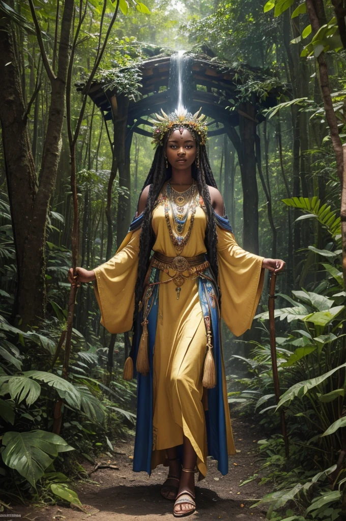 (((Goddess Jurema UHD ))) presents itself with vibrant clothing rich in symbolism: a long, flowing dress made from natural fabrics, adorned with patterns representing the flora and fauna of the forest. The predominant colors are green, bright blue and gold, that reflect your connection to the earth and the sun. their hair, long and loose, are decorated with wild flowers and feathers from local birds. At your feet, sandals made of vines and leaves, that seem almost part of the earth itself.
She carries a ritualistic staff, carved from ancient tree wood, with carvings representing forest spirits and symbols of protection. This stick is not just an accessory, but a powerful magical instrument that she uses in her practices.
His working tools include a small clay cauldron, where he mixes herbs and roots to create potions and remedies. Furthermore, Jurema has a leather bag containing enchanted stones, that uses to invoke and direct spiritual energies.
Magic and Powers:
Earth Prayer: Jurema recites ancient incantations that make the earth reverberate in harmony, restoring natural balance and healing areas affected by imbalances or damage.
Vision of the Past: Using your staff, Jurema can visualize past events to better understand the origin of problems or mysteries, helping to bring hidden secrets to light.
Flame of Purification: She lights a ritualistic fire that purifies and transforms negative energies into positive ones., promoting healing and spiritual renewal.
Communion with the Spirits: Jurema summons protective spirits of the forest for advice and assistance, establishing deep communication with the spiritual world UHD 18K