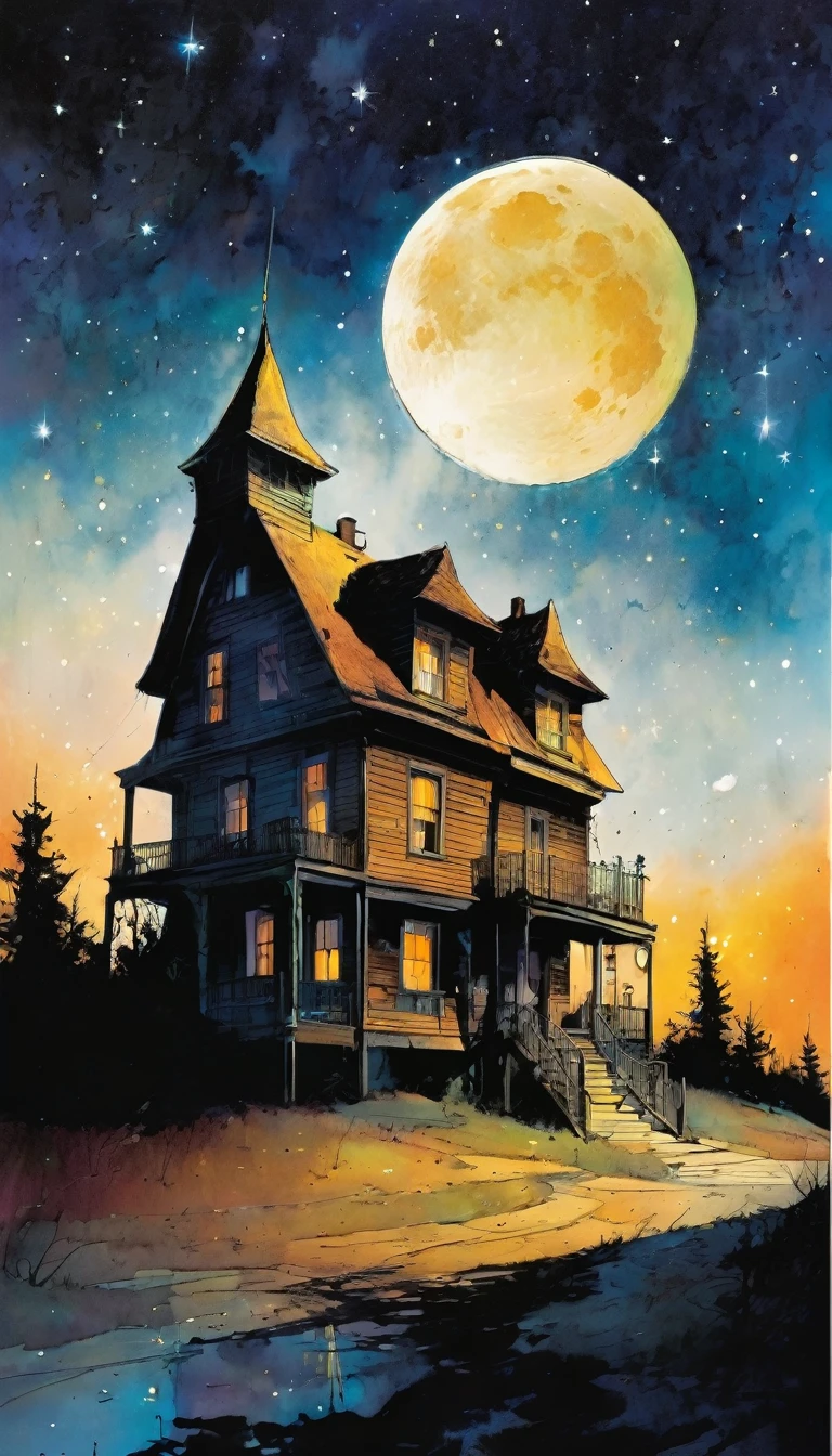 the magic house, magic, fantastic, night sky, moon, stars, background,art inspired by Bill Sienkiewicz and Dave Mckean.
