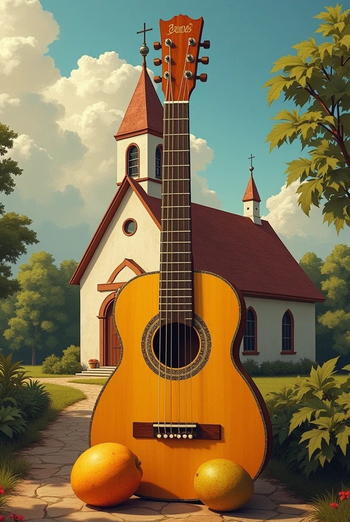create an image that contains a church,a trough guitar,a cashew and a mango