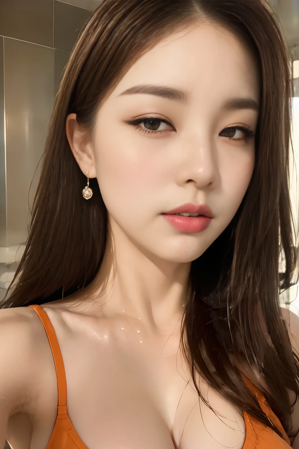 ((Highest quality, 8k, masterpiece: 1.3)), concentrated: 1.2, Perfect beauty: 1.6, Astock: 1.3, (Straight Hairstyles), (Orange One Piece), (night, shower room), Highly detailed face and skin texture, Narrow eyes, double eyelid, Whitening skin, Long Hair, ((close your eyes:1.2)),look up,Open your mouth, Detailed eye makeup,Highly detailed eye texture,Cowboy Shot,Deep Red Lipstick,Big Breasts:1.3,Saggy breasts