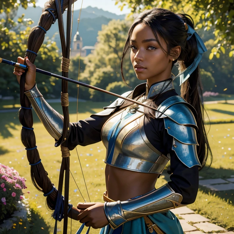 (masterpiece, best quality:1.5), highest quality, High resolution, super detailed, Realists, Upper body photo of a black archer, black skin, detailed and beautiful eyes, beautiful detailed lips, very detailed eyes and face, longeyelashes, Archer in light blue armor, Noble details on the armor. Beautiful and colorful makeup, ponytail hairstyle, Gardens as background, bright daylight, bright colors, fine brushstrokes, Portrait style, beautiful color palette, glowing skin, First-class rendering, that captures every detail, enchanting atmosphere, (perfect anatomy:1.2), (The stunning archer holds a bow. (magnificent panorama view:1.2)