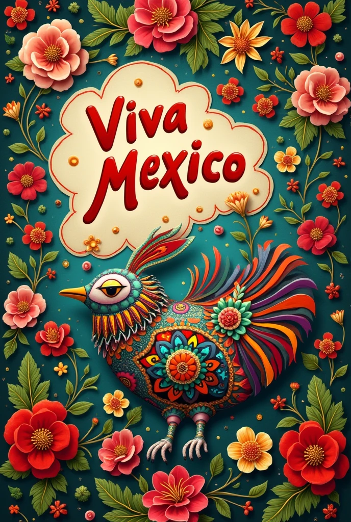 Hello, can you help me create a hyperrealistic photo of a poster at the Louvre museum, with Mexican motifs, flowers, alebrijes, with the text "Viva México", thank you.