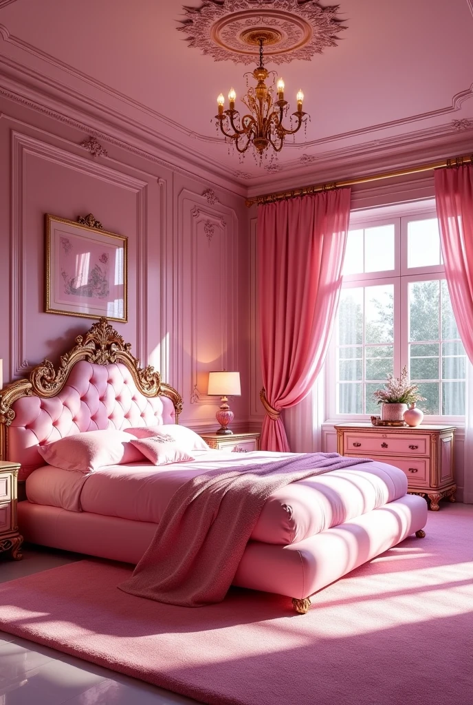 A pink bedroom for a spoiled brat with a pink king-size bed that is large and modern 