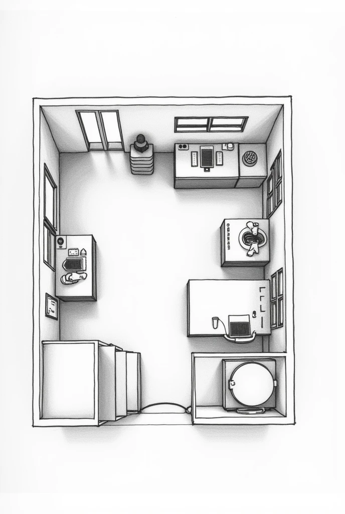 Pencil drawing of a plan of a level 1 veterinary laboratory with a waiting room and a work room equipped with microscopes, centrifuge and a person working with the microscope