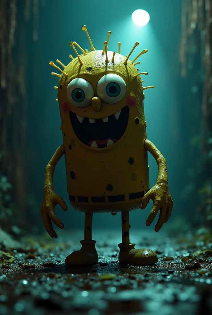 Dvd screengrab of a 1980s dark fantasy film, extremely realistic image, live action image, extremely detailed, Eastman Color Negative II 100T 5247/7247 Film From, live action, film from the 80s. Bob esponja in a hyper realistic, cinematic style, dark fantasy style, full shot, in a realistic image format, 80s realistic