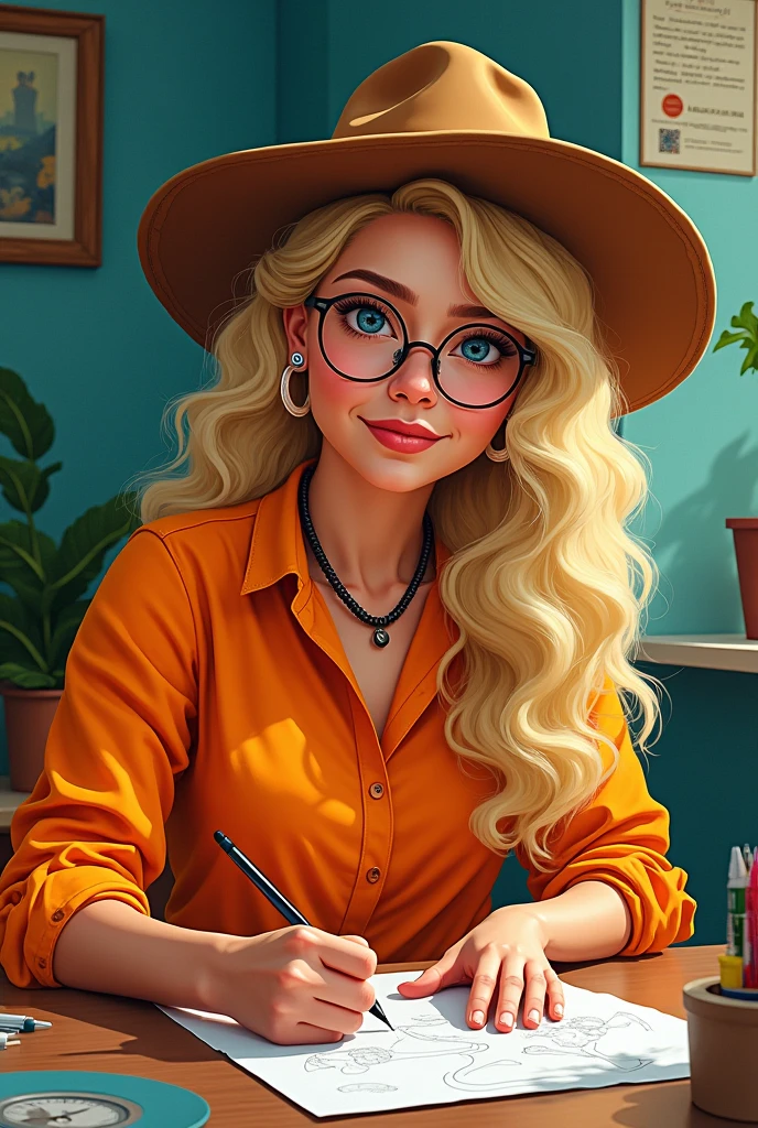 A white woman with long, curly blonde hair wearing round glasses, an orange shirt and a cangaceiro hat, drawing in the cordel style. 