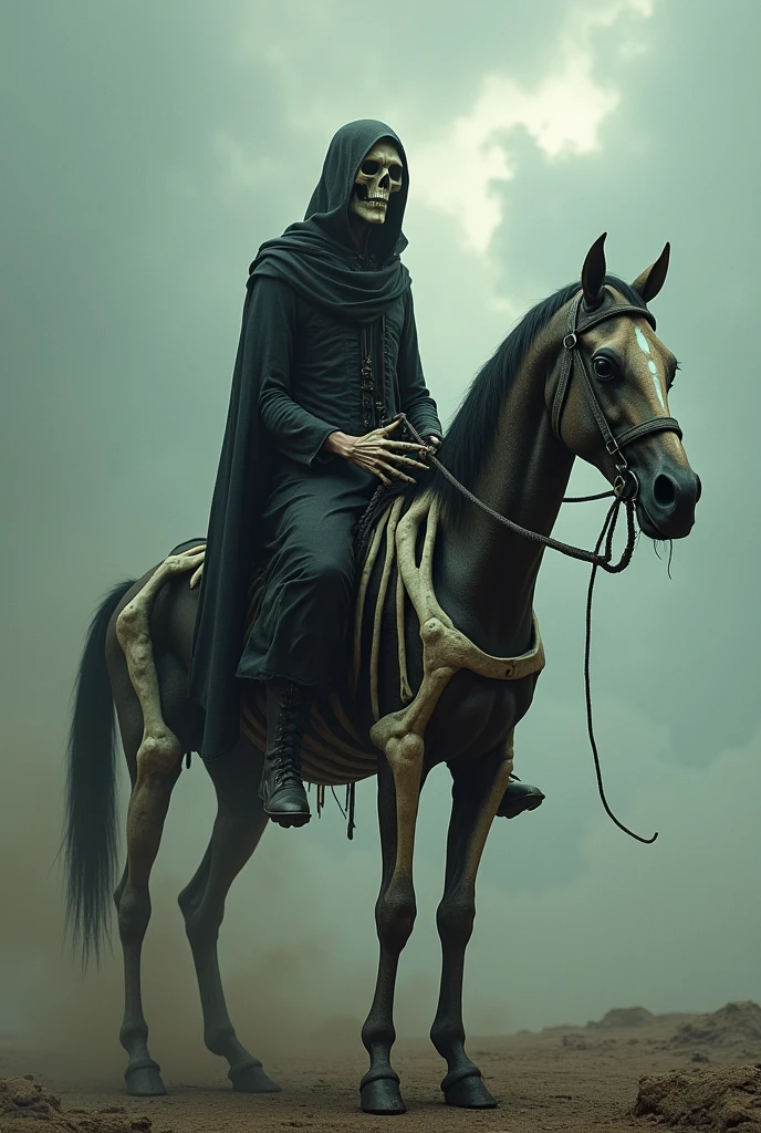 Make a thin man, with few clothes, on top of a horse of bones, announcing death