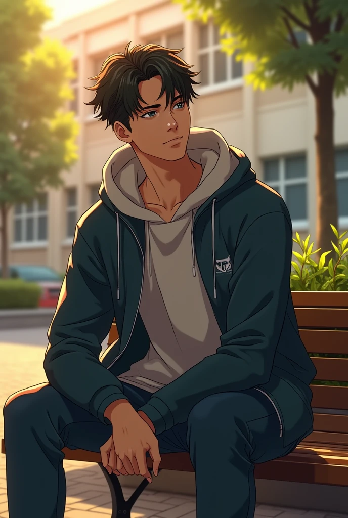 (photorealism:1.2), handsome college anime man, sitting on school bench, wearing hoodie, warm lighting, relaxed pose, realistic, intricate details by Greg Rutkowski, by Alphonse Mucha
