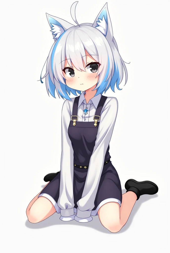 The character is female, Overall, they have white hair with some blue mixed in.,It's an anime character,busty,black eyes,They are short,