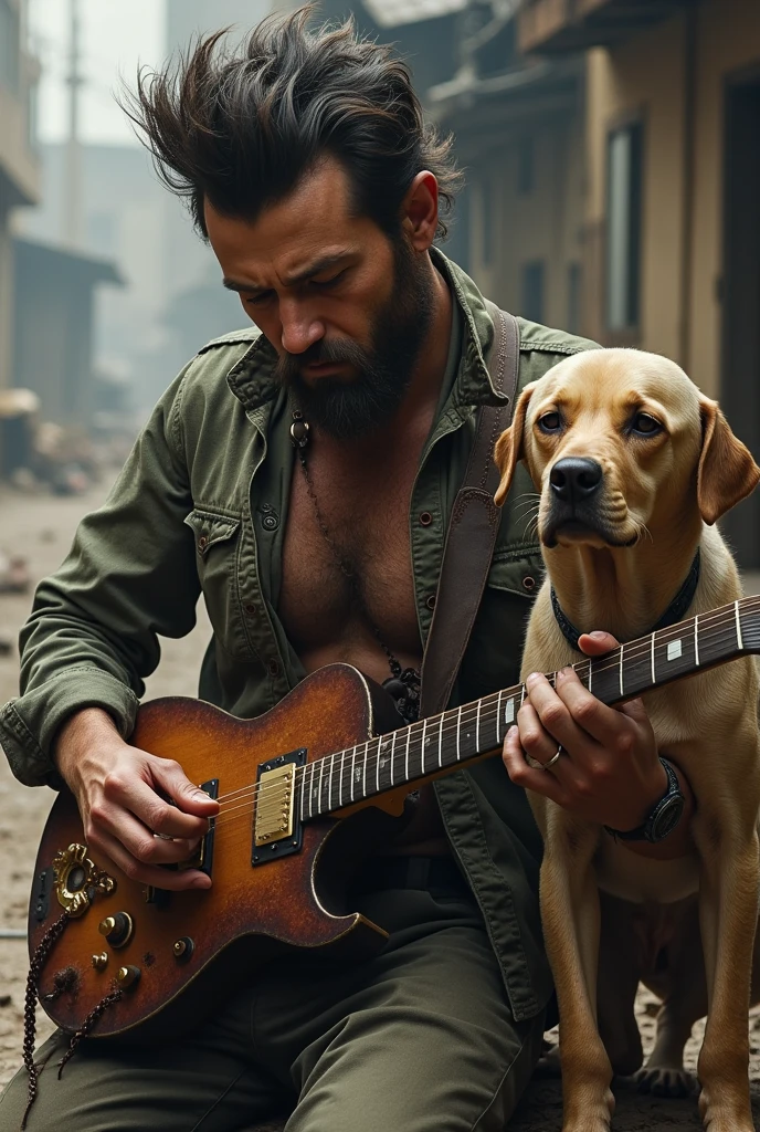 A man with a very ugly pompadour and thin and very ugly, with a lot of hair in his armpit and he is playing intensely, and he is with his dog who is very thin and is starving