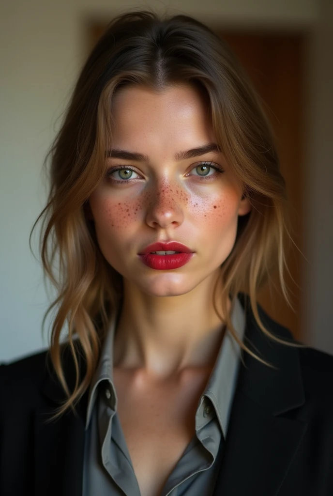  young woman, skin tanned, marked dashes, eyes with heterochromia, freckles on the face, red lipgloss stick, wearing a dress shirt and a black suit, light brown straight hair.