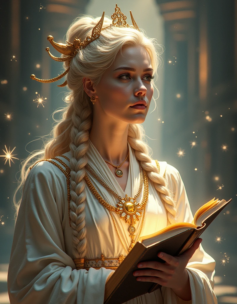 (((Goddess of Knowledge:1.4))), (masterpiece:1.4, best quality), (photo realistic:1.4), wise and serene expression, with an aura of intellectual depth and enlightenment, dressed in elegant robes that are adorned with symbols of wisdom such as ancient scripts, books, and arcane symbols, (hair styled with intricate braids and adorned with scholarly accessories:1.2), (intelligent eyes that reflect a profound understanding of the universe:1.2), holding an ancient tome or a scroll, surrounded by floating books, scrolls, and glowing symbols of knowledge, (background of a grand library or a celestial scene filled with constellations and mystical symbols:1.2), (soft, radiant light highlighting her and the objects of knowledge:1.2), (calm and contemplative pose that emphasizes her role as a keeper of wisdom:1.2), rich textures, warm and serene colors, (deep blues:1.2), (rich browns:1.2), (soft golds:1.2), (dynamic composition with flowing lines and a sense of intellectual movement:1.2), high-quality and detailed, (awe-inspiring and tranquil atmosphere:1.2), transcendent and enlightened, perfect image quality, symbolizing the pursuit of wisdom, understanding, and the enlightenment that comes with knowledge, captivating and serene presence