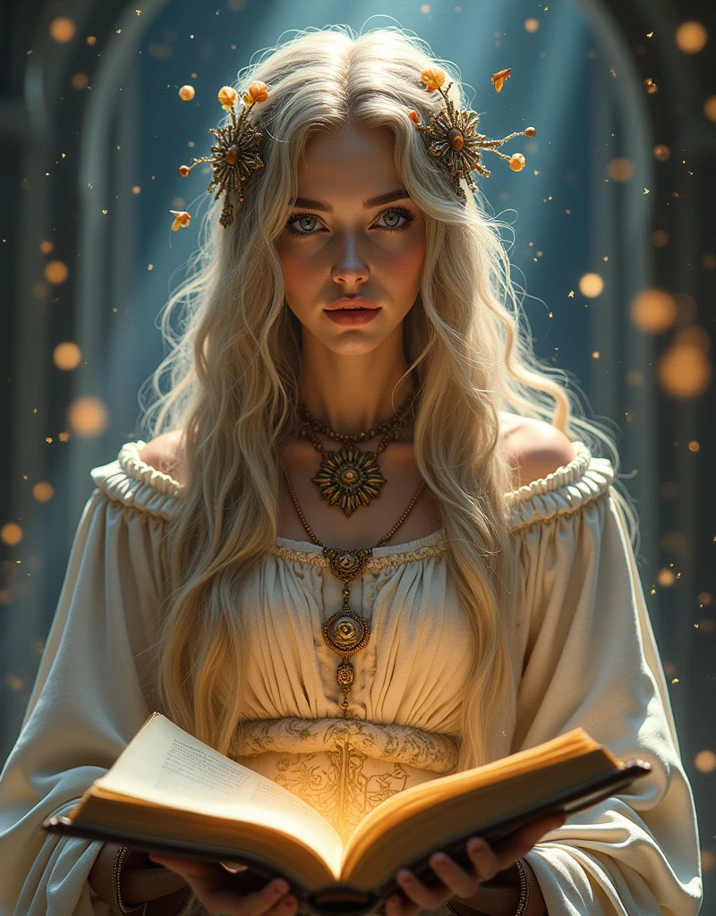 (((Goddess of Knowledge:1.4))), (masterpiece:1.4, best quality), (photo realistic:1.4), wise and serene expression, with an aura of intellectual depth and enlightenment, dressed in elegant robes that are adorned with symbols of wisdom such as ancient scripts, books, and arcane symbols, (hair styled with intricate braids and adorned with scholarly accessories:1.2), (intelligent eyes that reflect a profound understanding of the universe:1.2), holding an ancient tome or a scroll, surrounded by floating books, scrolls, and glowing symbols of knowledge, (background of a grand library or a celestial scene filled with constellations and mystical symbols:1.2), (soft, radiant light highlighting her and the objects of knowledge:1.2), (calm and contemplative pose that emphasizes her role as a keeper of wisdom:1.2), rich textures, warm and serene colors, (deep blues:1.2), (rich browns:1.2), (soft golds:1.2), (dynamic composition with flowing lines and a sense of intellectual movement:1.2), high-quality and detailed, (awe-inspiring and tranquil atmosphere:1.2), transcendent and enlightened, perfect image quality, symbolizing the pursuit of wisdom, understanding, and the enlightenment that comes with knowledge, captivating and serene presence
