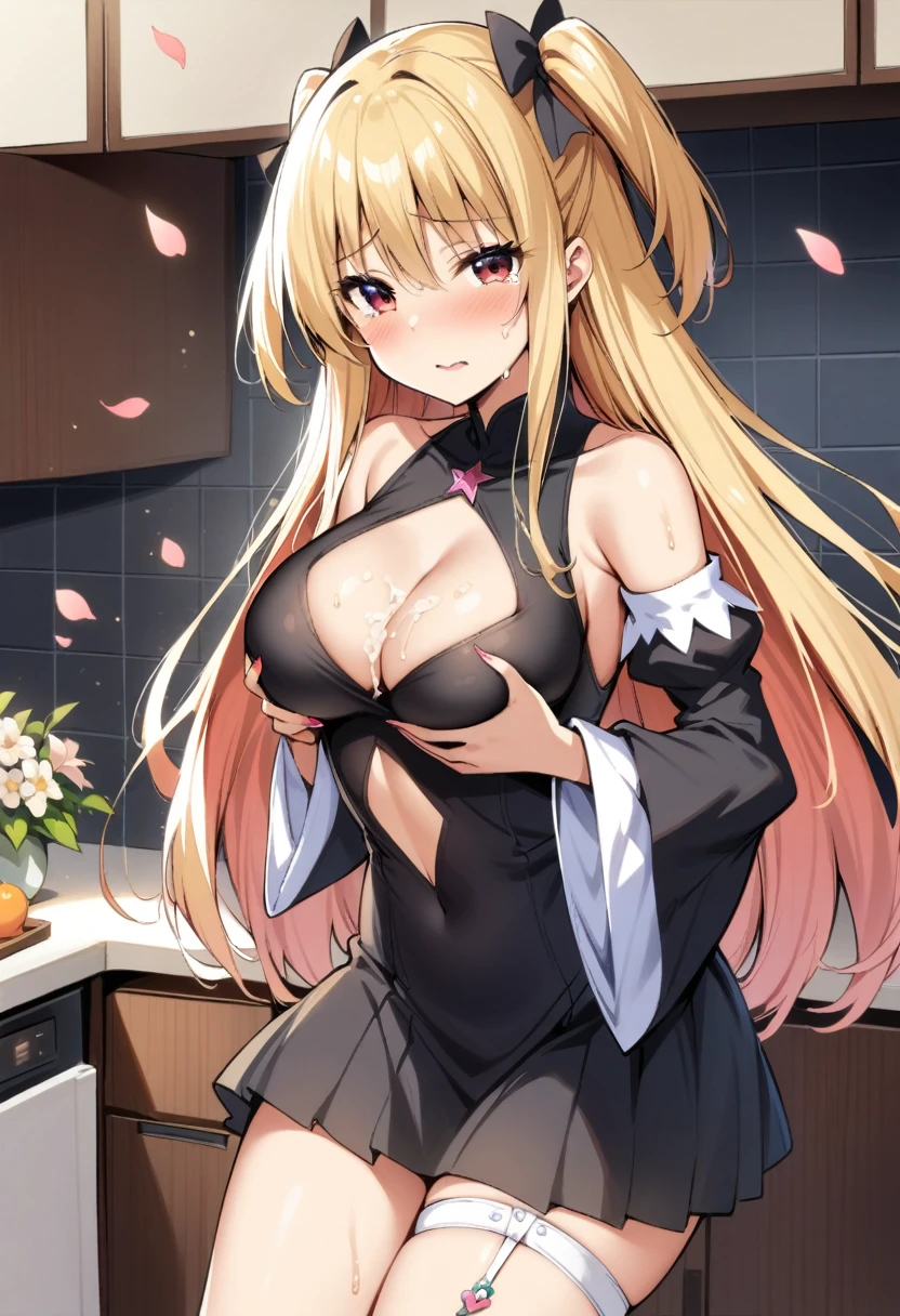 masterpiece, best quality, very aesthetic, absurdres, 1girl, mature_lady,huge oversize , grabbing own breasts,embarrassed,blush,tears in eyes, sweat,(Cum on breasts), ,konjiki_no_yami(to_love-ru), to_love-ru,1girl, blonde_hair, long_hair, two_side_up, red_eyes, small_breasts, black_shirt, black_skirt, black_sleeves, Four-pointed_star_cleavage_cutout, detached_sleeves,long_sleeves, thigh_strap, tsurime,wide_sleeves,bare_shoulders,in kitchen,surrounding by flowers,falling_petals, petals,,