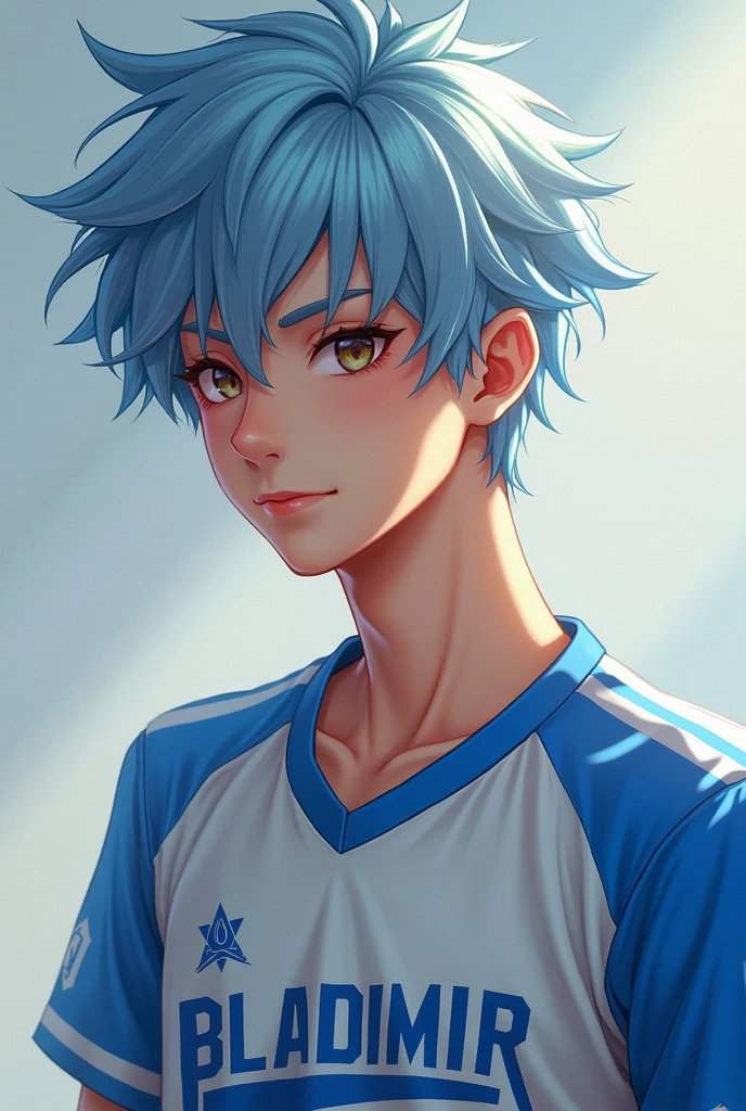 An attractive 19-year-old male character , first of all, gorgeous face, hair light blue, light brown eyes, BLADIMIR team shirt in shirt description