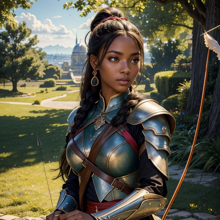 (masterpiece, best quality:1.5), highest quality, High resolution, super detailed, Realists, Upper body photo of a black archer, black skin, detailed and beautiful eyes, beautiful detailed lips, very detailed eyes and face, longeyelashes, Archer in light armor, Noble details on the armor. Beautiful and colorful makeup, ponytail hairstyle, Gardens as background, bright daylight, bright colors, fine brushstrokes, Portrait style, beautiful color palette, glowing skin, First-class rendering, that captures every detail, enchanting atmosphere, (perfect anatomy:1.2), (The stunning archer holds a bow. (magnificent panorama view:1.2)