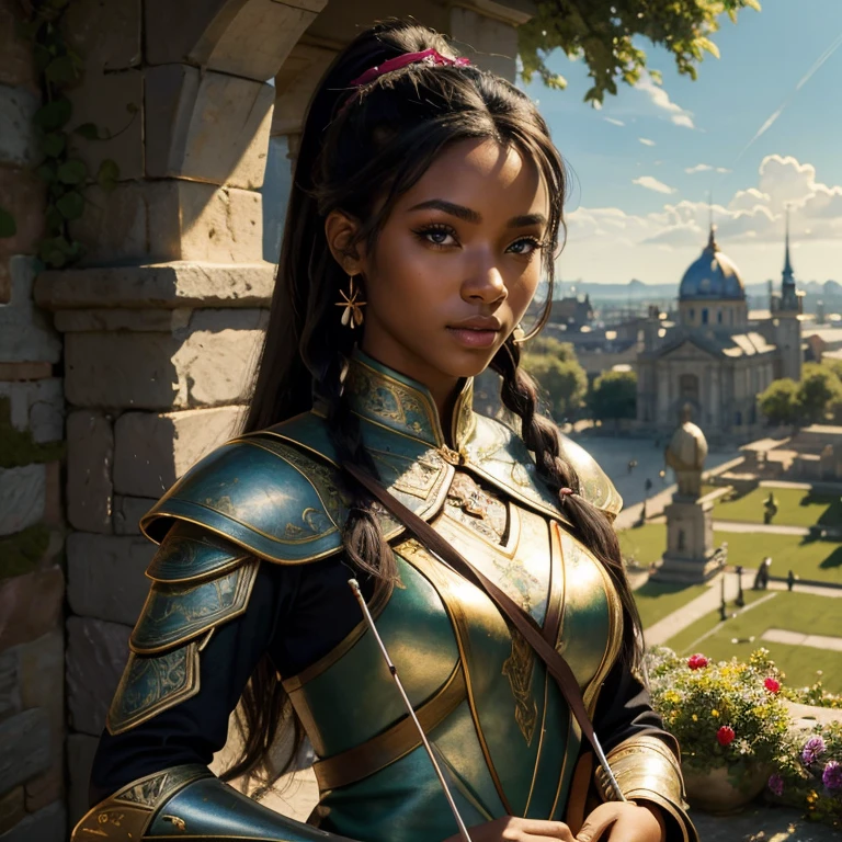 (​masterpiece, best quality:1.5), highest quality, High resolution, super detailed, Realists, Upper body photo of a black archer, black skin, detailed and beautiful eyes, beautiful detailed lips, very detailed eyes and face, longeyelashes, Archer in light armor, Noble details on the armor. Beautiful and colorful makeup, ponytail hairstyle, Gardens as background, bright daylight, bright colors, fine brushstrokes, Portrait style, beautiful color palette, glowing skin, First-class rendering, that captures every detail, enchanting atmosphere, (perfect anatomy:1.2), (The stunning archer holds a bow.  (magnificent panorama view:1.2)