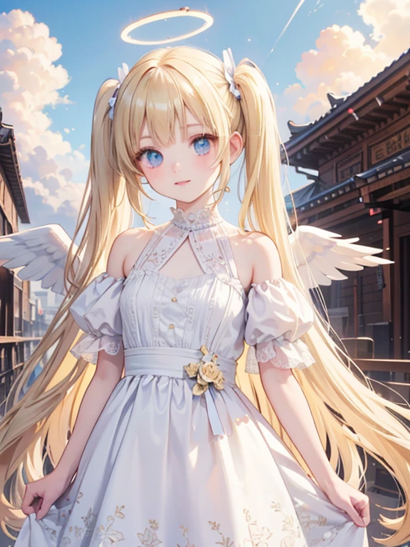 masterpiece, Highest quality, Very detailed, 16K, Ultra-high resolution, Cowboy Shot, -yeld gi Detailed face, Perfect Fingers, Angel halo on head, Golden Eyes, blonde, Twin tails, Mega Drill, Thin and light clothing, Lace clothes, Angel wings growing on the back, Above the Clouds, In front of the temple