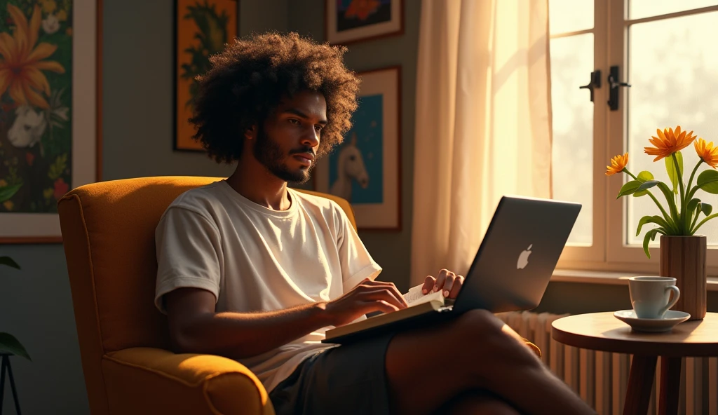 (photorealism:1.2), laptop display size, handsome somali boy, sitting on chair, reading book , laptop and cup of coffee on table infront of him, wearing short clothes, long curly hair, indoors, soft lighting, arts in background, window with sunlight, cozy room, relaxed pose, realistic, intricate details, warm colors, by Greg Rutkowski, by Alphonse Mucha