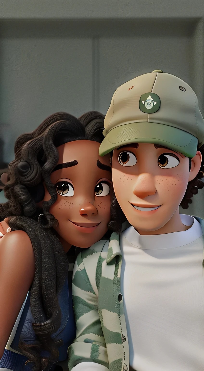A Black woman with curly hair and her White boyfriend wearing a green military cap. Disney Pixar
