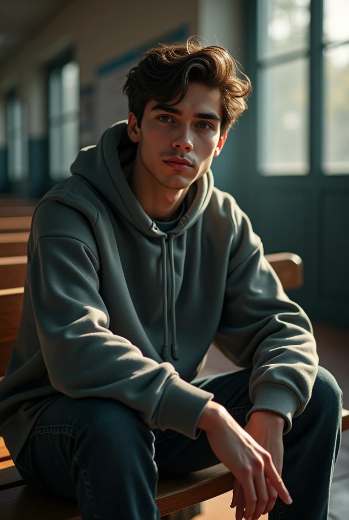 (photorealism:1.2), handsome college anime man, sitting on school bench, wearing hoodie, dark lighting,  relaxed pose, realistic, intricate details by Greg Rutkowski, by Alphonse Mucha