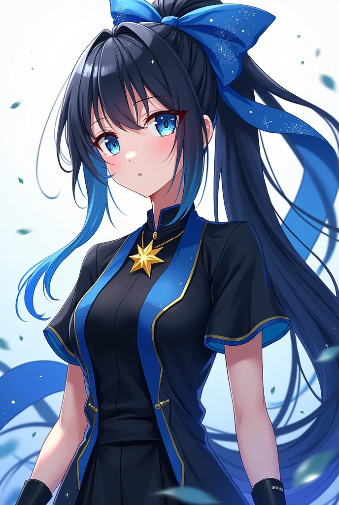 A female character in the style of the anime Demon Slayer who has long black hair loose with a ponytail on top with a blue bow with a yellow star. Her uniform is black and she wears a short-sleeved haori in the same shade of blue as the bow. She wears black gloves that expose her fingers and stylish boots. She also has a star necklace. Her eyes are light blue with stars.