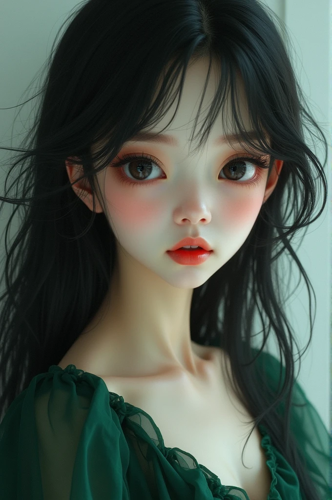 black haired girl, white skin and black eyes, Long eyelashes and plump lips with a slight reddish tone, Feminine features and dark green dress