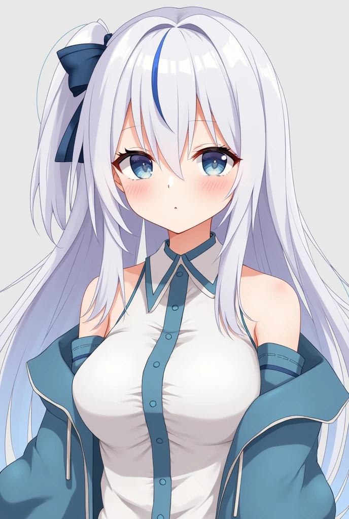 The character is female, Overall, they have white hair with some blue mixed in.,It's an anime character,busty,black eyes,They are short, A little more mature