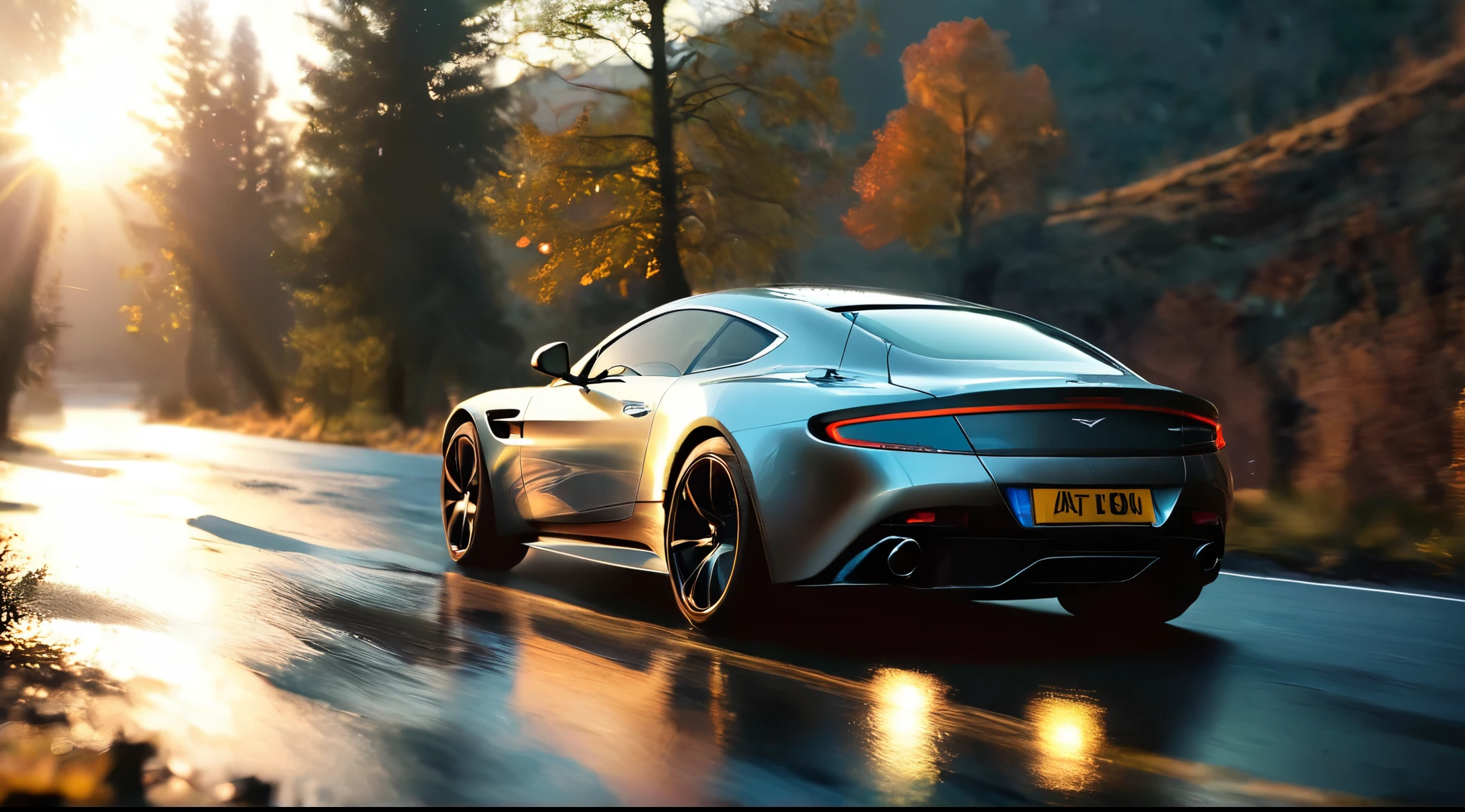 A stunning and realistic CGI rendering of a Aston Martin DB11 cruising along a quiet mountain pass during sundown. The car's vibrant silver hue stands out against the surroundings, with its headlights illuminating the scene and casting a warm glow on the wet street. Trees are seen in the background. The attention to detail and atmospheric elements create a sense of depth and dimension, immersing the viewer in the Alpin evening scene.