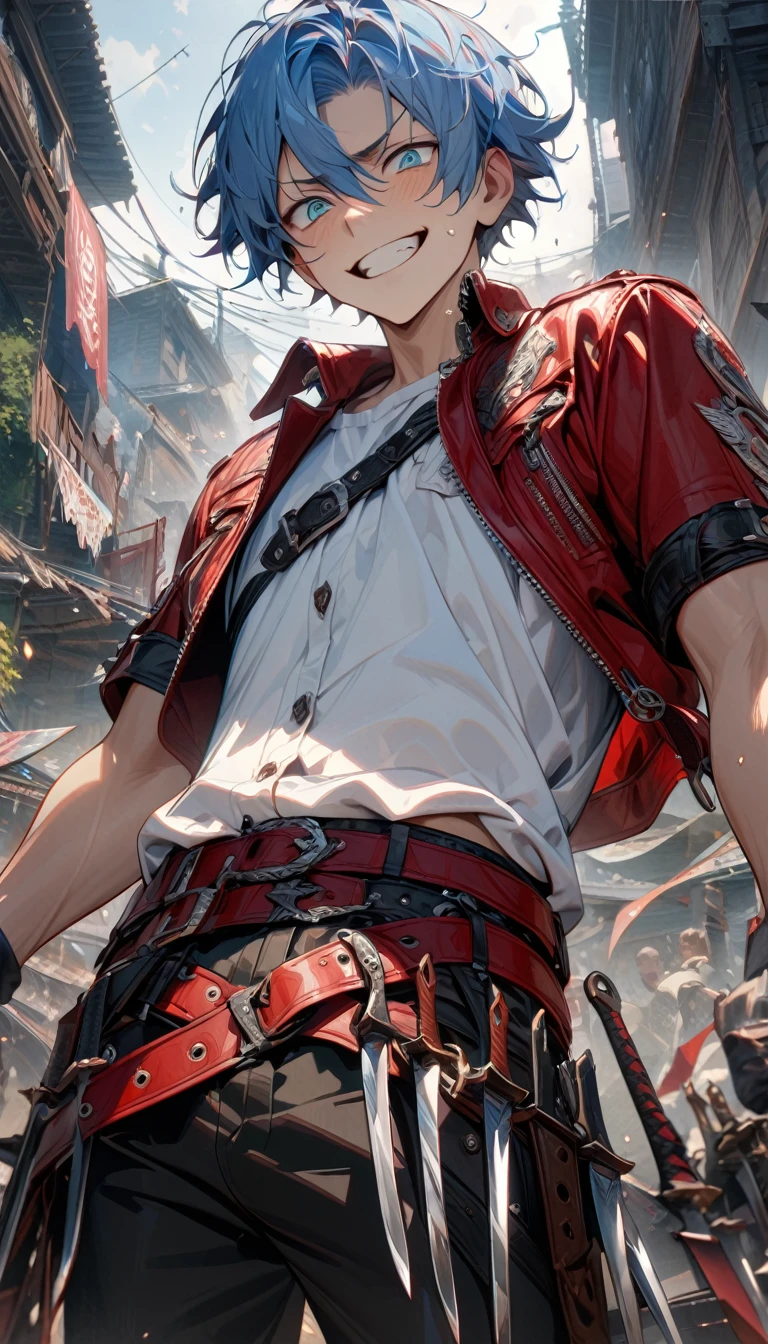 adult man, boy, male, short blue hair, turquoise eyes, madness smile, sadness, red leather jacket, white shirt, short sleeves, lot of belts, black trousers, daggers, Masterpiece, best quality, Full HD, 8k, ultra details, great graphic